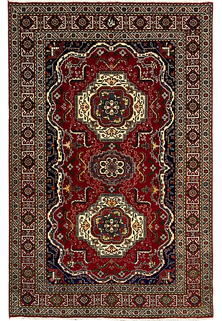 4.5 x 6.6 Handwoven Persian Bakhtiari Rug Premium Wool Red Ivory Navy: 4.5 x 6.6 Handwoven Persian Bakhtiari Rug Premium Wool Red Ivory Navy Free continental US Shipping Introducing a stunning 4.5 x 6.6 Semi-Antique Persian Bakhtiari Rug, handwoven in the Bakhtiari regio