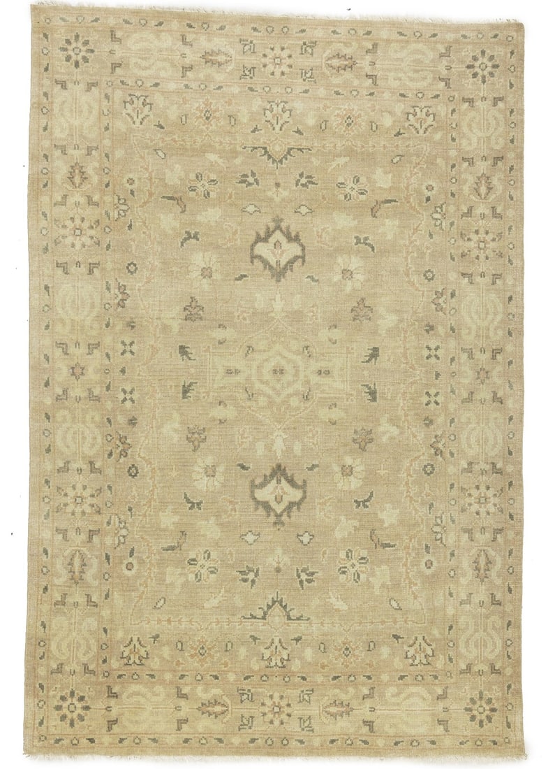 6'0 x 8'10 Hand-Knotted Wool Floral Transitional Area Rug: 6'0 x 8'10 Hand-Knotted Wool Floral Transitional Area Rug This transitional oriental area rug features a muted floral pattern in tones of beige, light oatmeal, brown, and sage. Handmade in India using