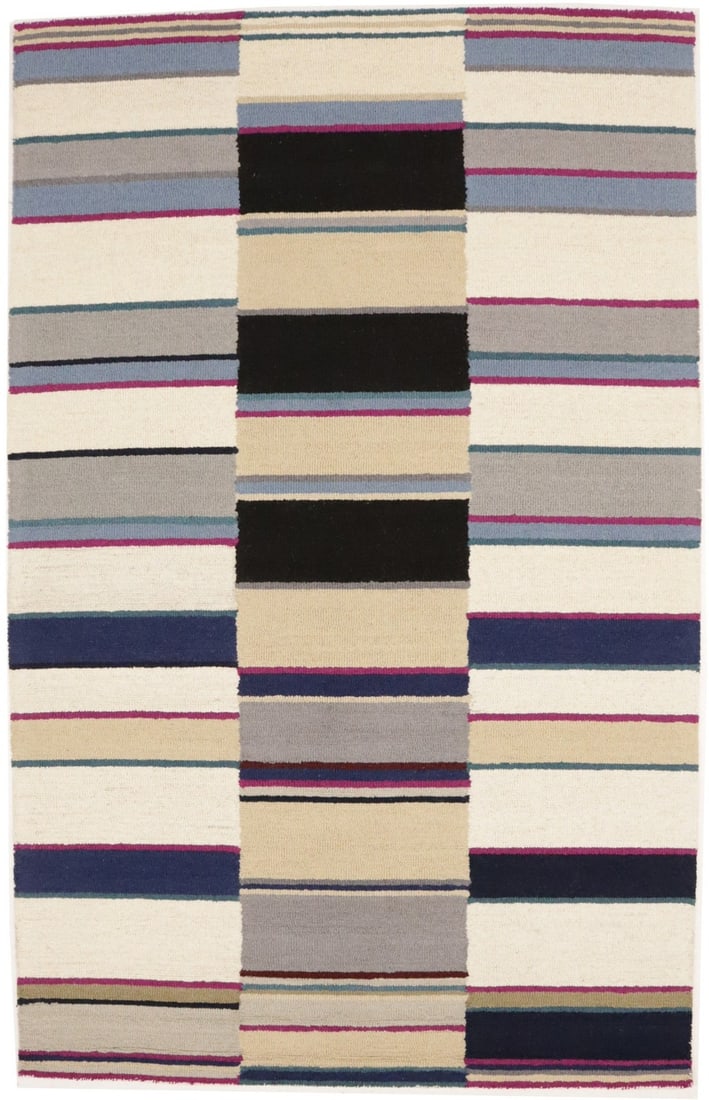 Hand-Tufted Wool Area Rug 5x8 Modern Multicolor Striped Design: Hand-Tufted Wool Area Rug 5x8 Modern Multicolor Striped Design This modern area rug features a vibrant multicolored striped pattern and is hand-tufted from wool, offering durability and a soft feel. D