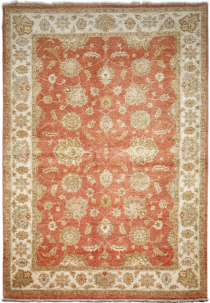 Vibrant 5.6 x 8.3 Coral Chobi Rug Handmade Wool Eco-Friendly: Vibrant 5.6 x 8.3 Coral Chobi Rug Handmade Wool Eco-Friendly Free continental US Shipping Add a touch of elegance to your home with this stunning 5.6 x 8.3 Coral Vegetable Dyed Chobi Rug. Hand-knotted