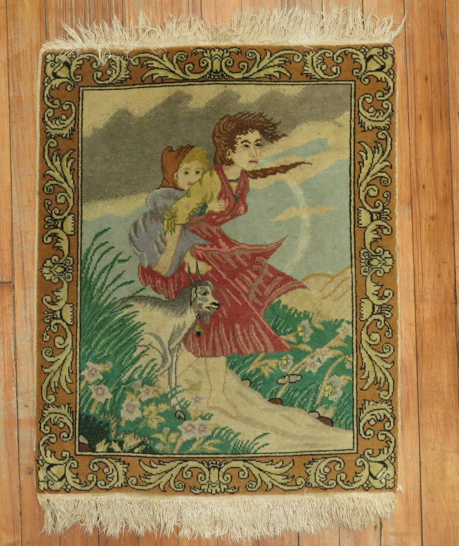 1' 8" x 2' 2" Persian Tabriz pictorial Yastik mat: 1' 8" x 2' 2" Persian Tabriz pictorial Yastik mat 20th century Persian Tabriz pictorial mat featuring a figural scene. Classified as a yastik, this pre-owned square mat is identified in the original l