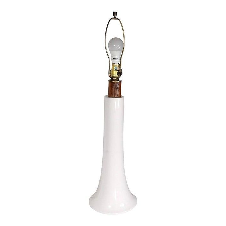 White Ceramic Trumpet Table Lamp with Oak Collar Danish Style Circa 1950s (1 of 10)