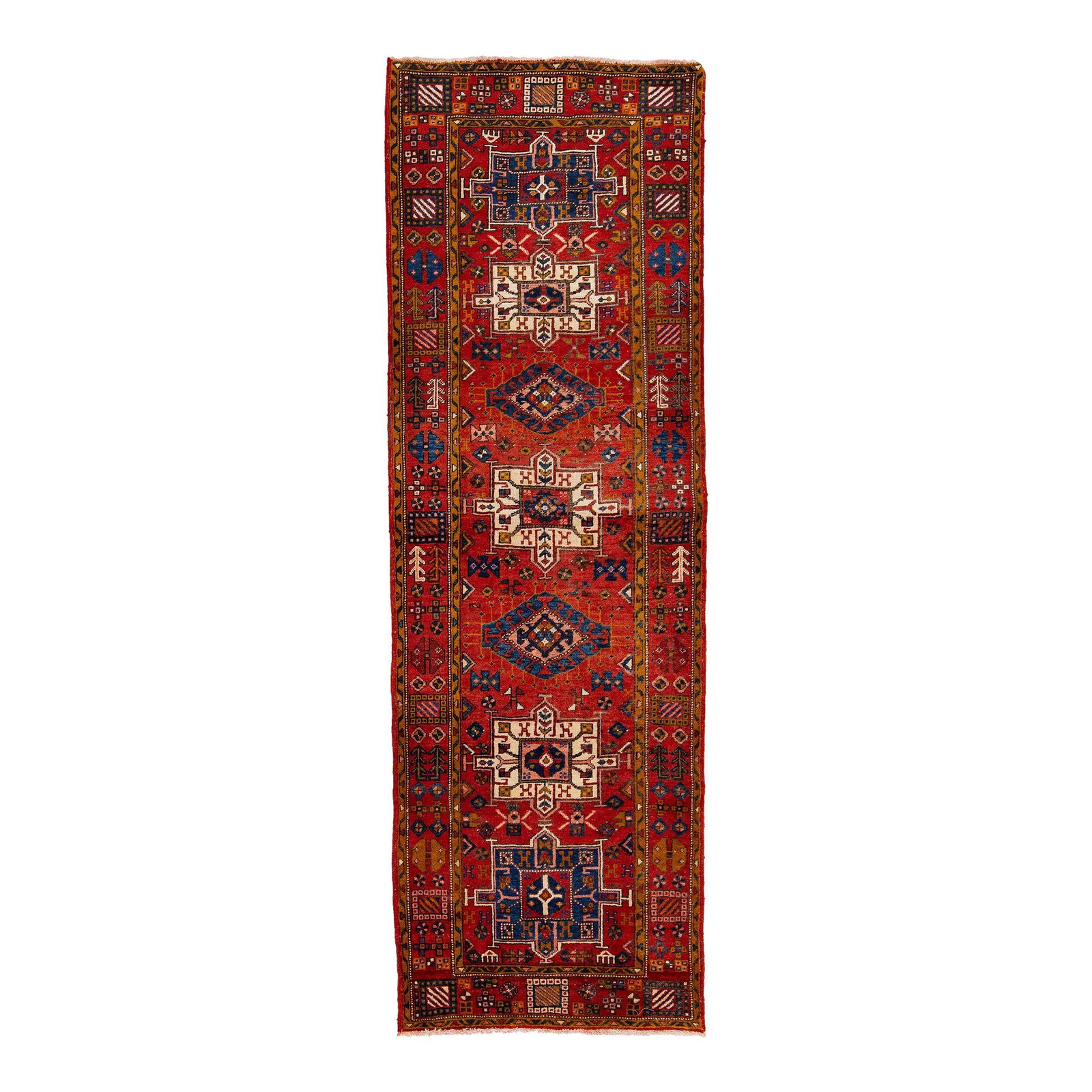Persian Heriz Tribal Wool Rug Red 3'3'' x 10'1'' Handmade: Persian Heriz Tribal Wool Rug Red 3'3'' x 10'1'' Handmade Enhance your space with this exquisite Persian Heriz hand-knotted wool rug, showcasing a rich red field adorned with a vibrant tribal design. 