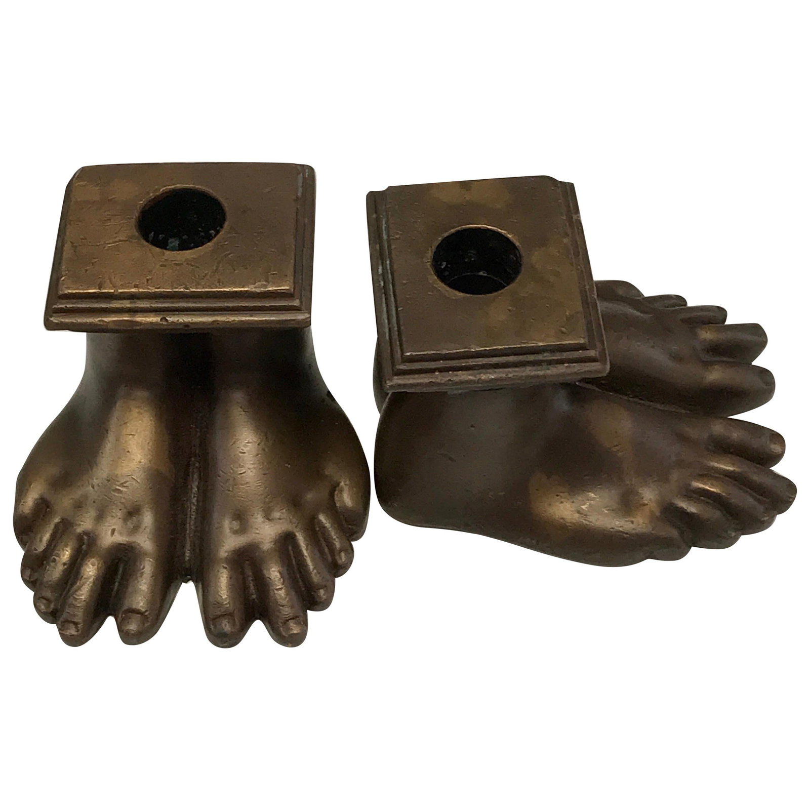 19th Century Grand Tour Bronze Feet Candlestick Set of 2: 19th Century Grand Tour Bronze Feet Candlestick Set of 2 This exquisite pair of 19th century Grand Tour candlesticks features a unique design, each realistically cast in the form of human feet, crafte