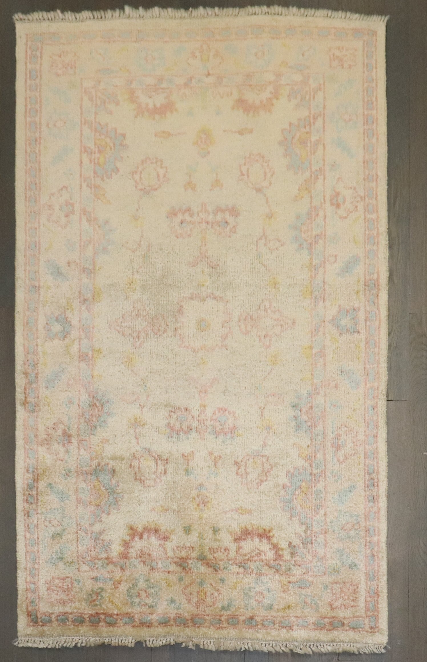 3' x 4' 11" Small Angora Oushak Repro Turkish Rug: 3' x 4' 11" Small Angora Oushak Repro Turkish Rug Vintage-inspired Angora Oushak Turkish rug in a small format. This 21st century reproduction piece is pre-owned. Specifications Item Type: Turkish rug