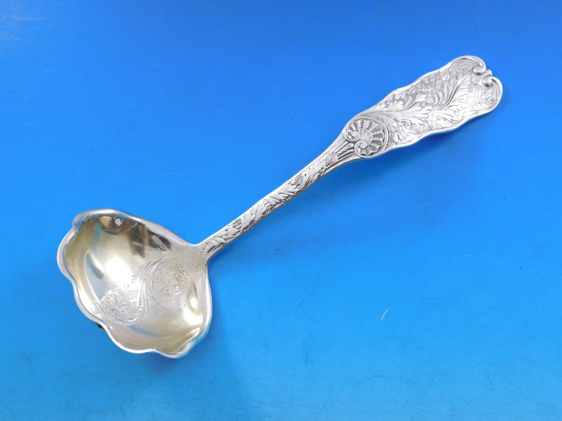 Gorham Saint Cloud Sterling Silver Gravy Ladle Fluted Brite-Cut 7 1/8": Gorham Saint Cloud Sterling Silver Gravy Ladle Fluted Brite-Cut 7 1/8" This exquisite gravy ladle from the Saint Cloud pattern by Gorham showcases a beautifully fluted design with a bright-cut finish.