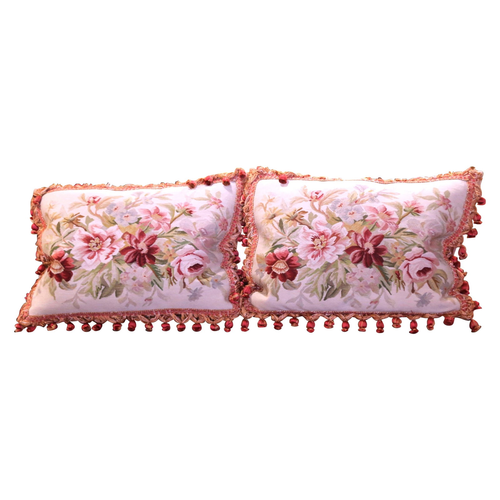 Set of 2 French Aubusson Floral Tapestry Pillows with Tassel Trim (1 of 8)