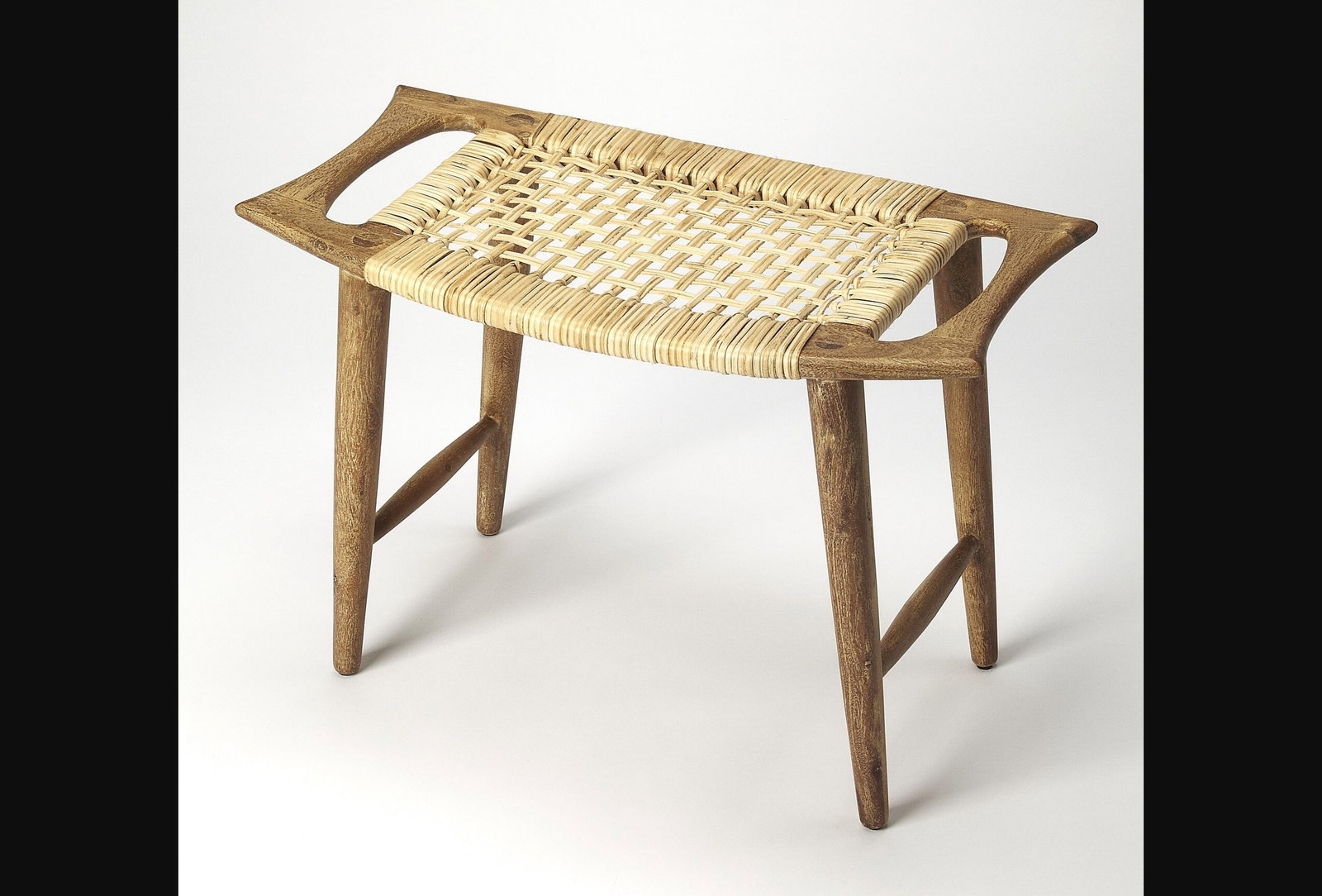 Rectangular Mango Wood Stool with Woven Cane by Butler 17.50H 25.50W 14D (1 of 4)