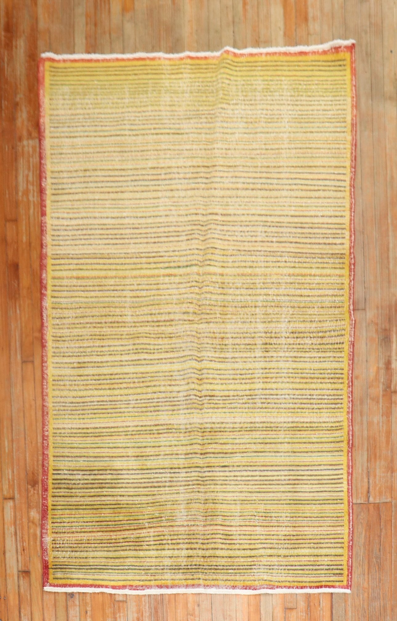 4' 10" x 8' 3" Turkish Anatolian Deco Rug Yellow Striped: 4' 10" x 8' 3" Turkish Anatolian Deco Rug Yellow Striped Mid-20th century Turkish Deco rug featuring a thin striped design on a yellow field. This pre-owned rug is identified as Anatolian, Deco, and S