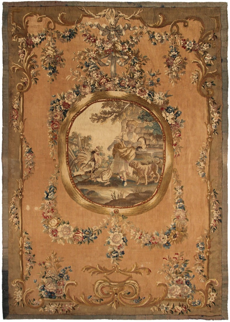 Antique French Wool Silk Tapestry Lady Birds Dog 5x8ft (1 of 12)