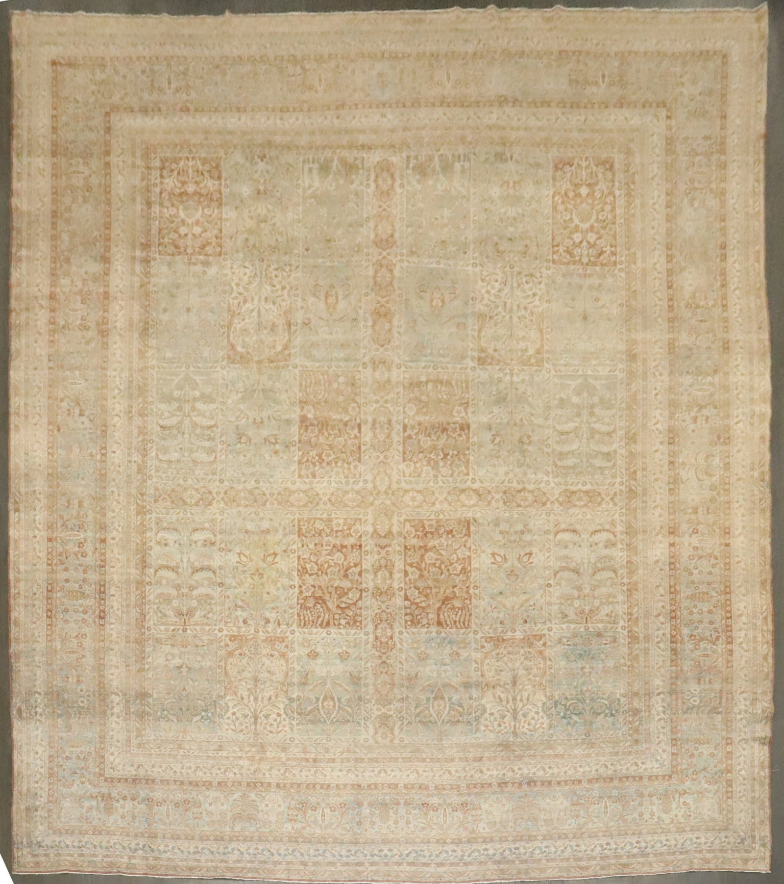 12' 5" x 15' 9" Persian Kerman Carpet Garden Pattern: 12' 5" x 15' 9" Persian Kerman Carpet Garden Pattern Late 19th century Persian Kerman carpet with honey tones and an all-over garden design pattern. This pre-owned oversize rug presents a classic anti