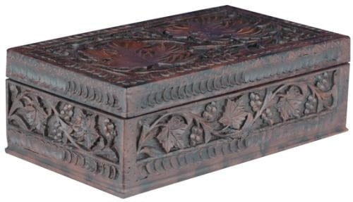 Lodge Style Resin Box with Hinged Lid and Grape Leaves Motif: Lodge Style Resin Box with Hinged Lid and Grape Leaves Motif This item is made at time of order. Please allow 42 to 70 days for production. This exquisite lodge-style box features a hinged lid and is 
