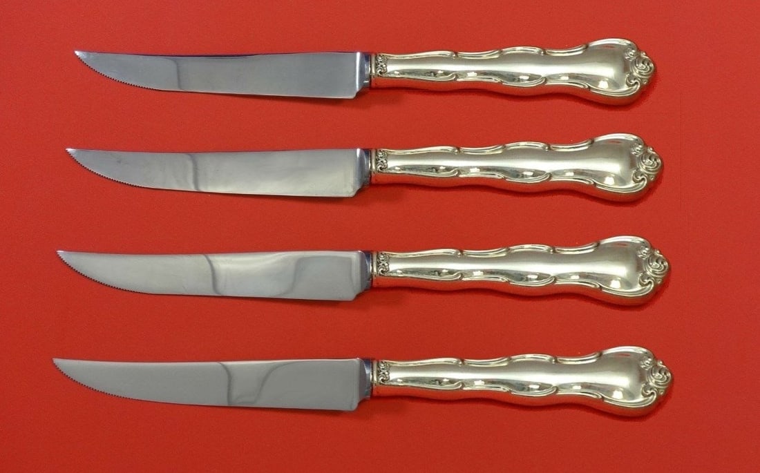 Gorham Rondo Sterling Silver Steak Knife Set 4pc Custom Made 8.5": Gorham Rondo Sterling Silver Steak Knife Set 4pc Custom Made 8.5" Enhance your dining experience with this elegant 4-piece steak knife set from the renowned Gorham, crafted in sterling silver. Each kn