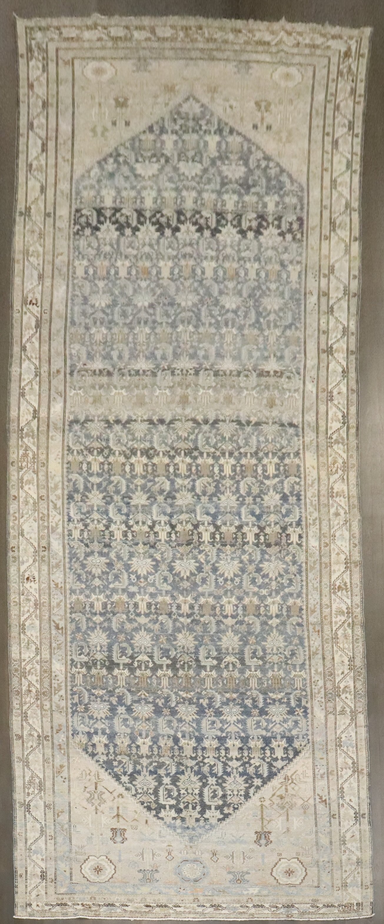 6' 10" x 20' Persian Malayer Gallery Rug Blue and Cream: 6' 10" x 20' Persian Malayer Gallery Rug Blue and Cream Early 20th century Persian Malayer corridor rug in blue and cream. This pre-owned gallery-format rug features the elongated proportions associat