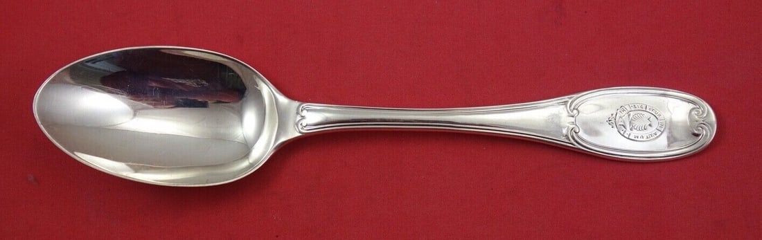 George Adams 1856 English Sterling Silver Dinner Spoon Engraved Crest 8 1/2": George Adams 1856 English Sterling Silver Dinner Spoon Engraved Crest 8 1/2" This exquisite English Sterling Silver Dinner Spoon, crafted by George Adams in London in 1856, showcases a beautifully eng