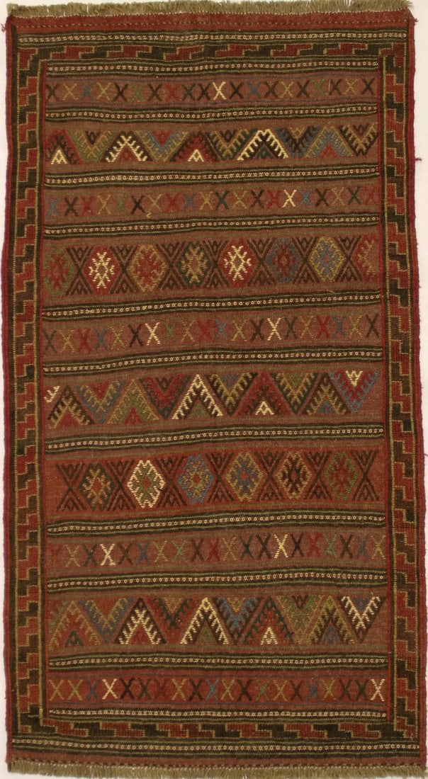 Handmade Wool Tribal Flatweave Rug 3'8 x 7' Multicolor Geometric Pattern: Handmade Wool Tribal Flatweave Rug 3'8 x 7' Multicolor Geometric Pattern This multicolored hand-woven tribal flat-weave rug features a geometric pattern and a modern design. Crafted from wool, the rug