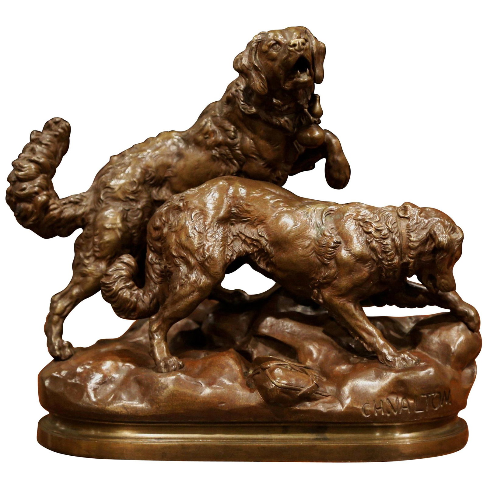 19th Century French Bronze Sculpture by Charles Valton Saint Bernard Dogs: 19th Century French Bronze Sculpture by Charles Valton Saint Bernard Dogs This exquisite late 19th-century bronze sculpture, titled "Chiens de Saint-Bernard," is a stunning representation of two Saint