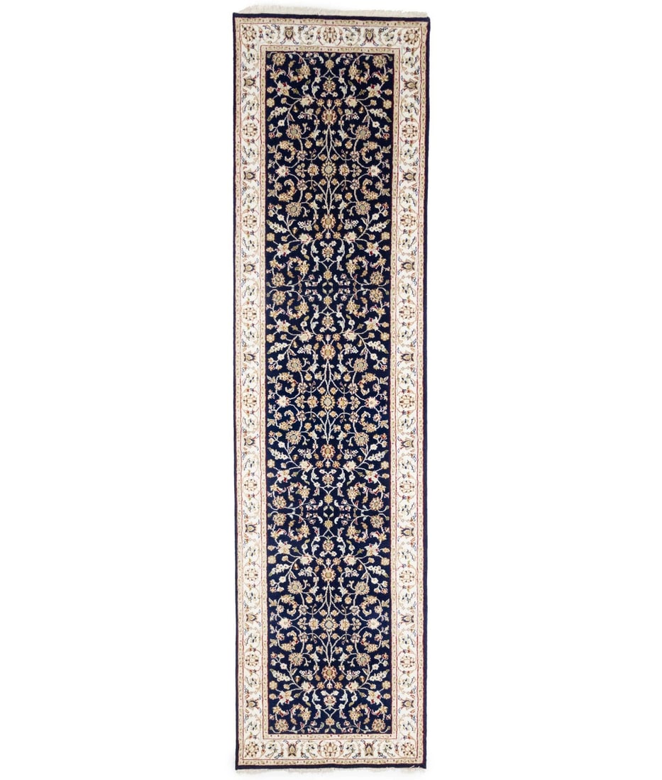 Handmade Indo-Nain 3x10 ft Wool Floral Runner Rug in Blue: Handmade Indo-Nain 3x10 ft Wool Floral Runner Rug in Blue Enhance your living space with this exquisite Handmade Indo-Nain Wool Oriental Runner Rug. Measuring 2'7" x 10'0" and featuring a beautiful fl