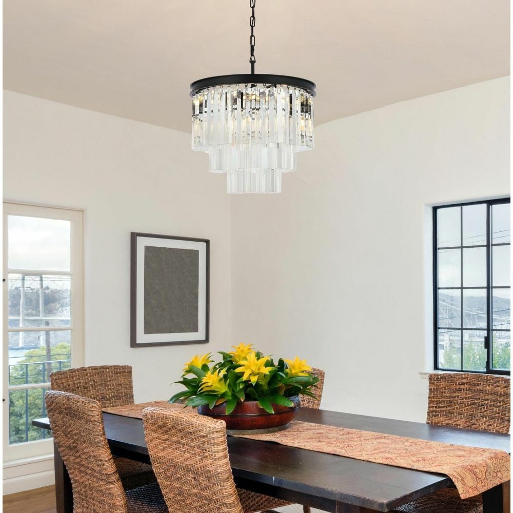 Sydney 9 Light Crystal Chandelier Matte Black 20 in: Sydney 9 Light Crystal Chandelier Matte Black 20 in Modern crystal chandelier with a matte black finish, designed for indoor use in dining rooms, kitchens, living rooms, bedrooms, hallways, foyers, an