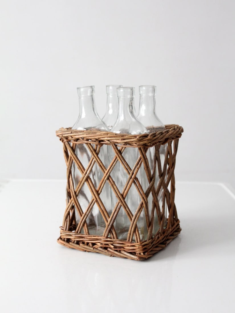 Set of Four Glass Bottles in Vintage Wicker Lattice Basket (1 of 15)