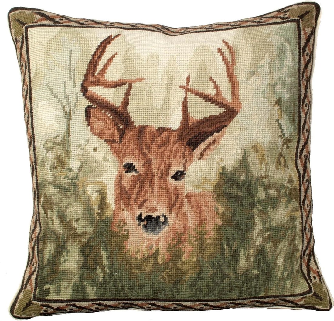 Handmade 18 Inch Wool Needlepoint Pillow with Forest Stag Design (1 of 1)