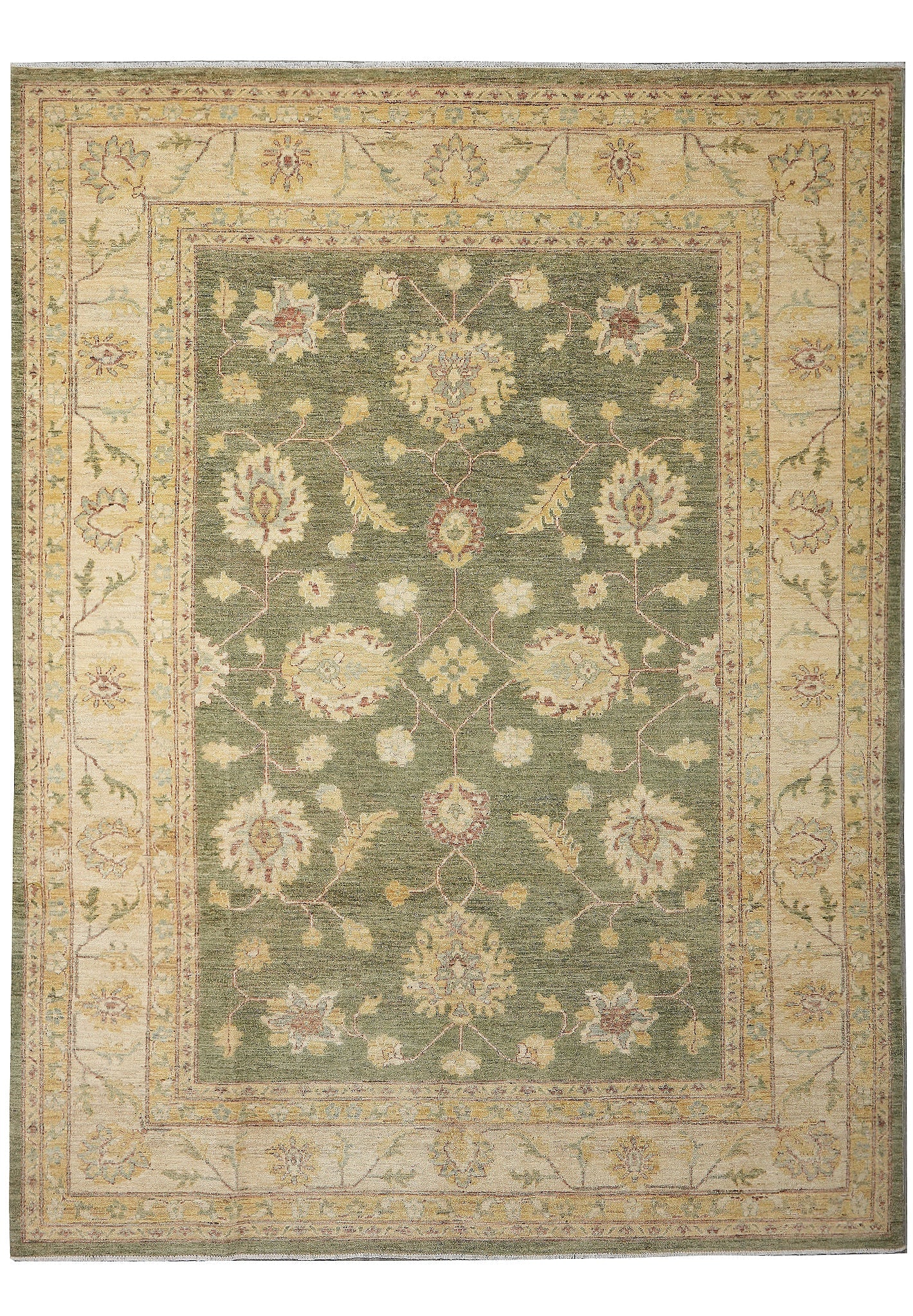8.6 x 11 Green Chobi Peshawar Zigler Quality Wool Rug: 8.6 x 11 Green Chobi Peshawar Zigler Quality Wool Rug Free continental US Shipping Hand-knotted contemporary Chobi rug with an all-over floral vine pattern featuring stylized blossoms and scrolling st