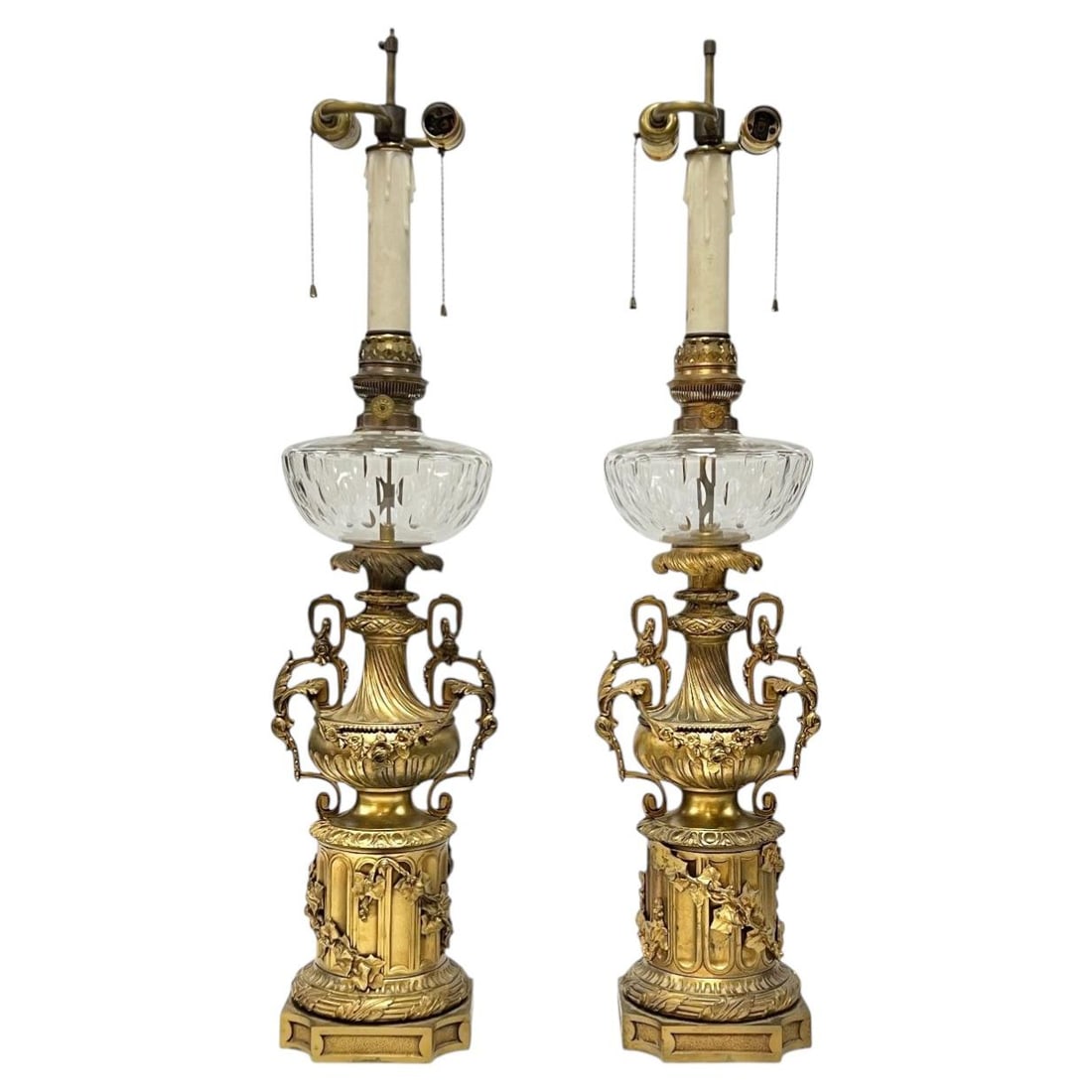 Set of 2 French gilt bronze oil lamps later electrified (1 of 12)
