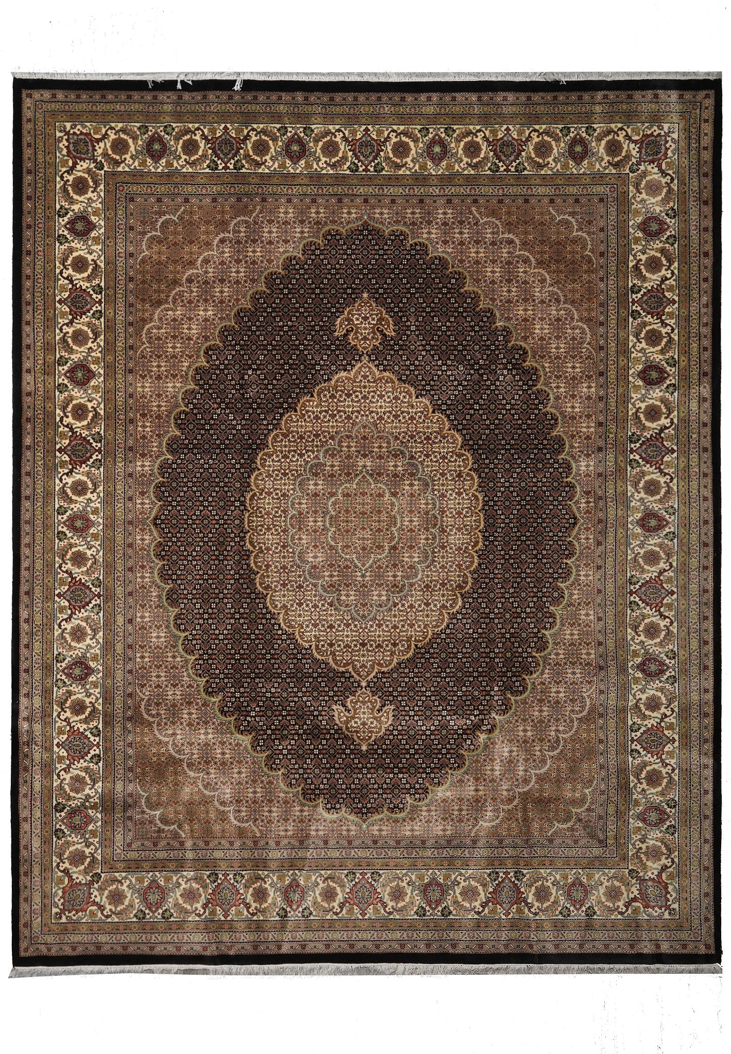 8.4 x 10 Black Hand-Knotted Mahi Tabriz Rug Wool Silk Dense Weave: 8.4 x 10 Black Hand-Knotted Mahi Tabriz Rug Wool Silk Dense Weave Free continental US Shipping Hand-knotted Mahi Tabriz rug with a dense weave and a lustrous wool and silk pile. This un-used rug offer