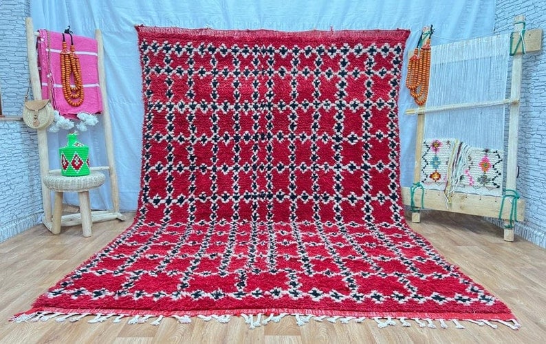 Authentic Handwoven Red Rug 100% Sheep Wool from Morocco: Authentic Handwoven Red Rug 100% Sheep Wool from Morocco Experience the warmth and charm of a handwoven rug crafted by local Berber women in the Atlas Mountains of Morocco. This Soft Elegant Red Rug s