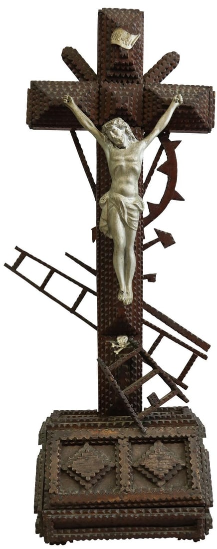 1900 Antique French Crucifix Tramp Art Style Metal Wood 20.5H (1 of 7)