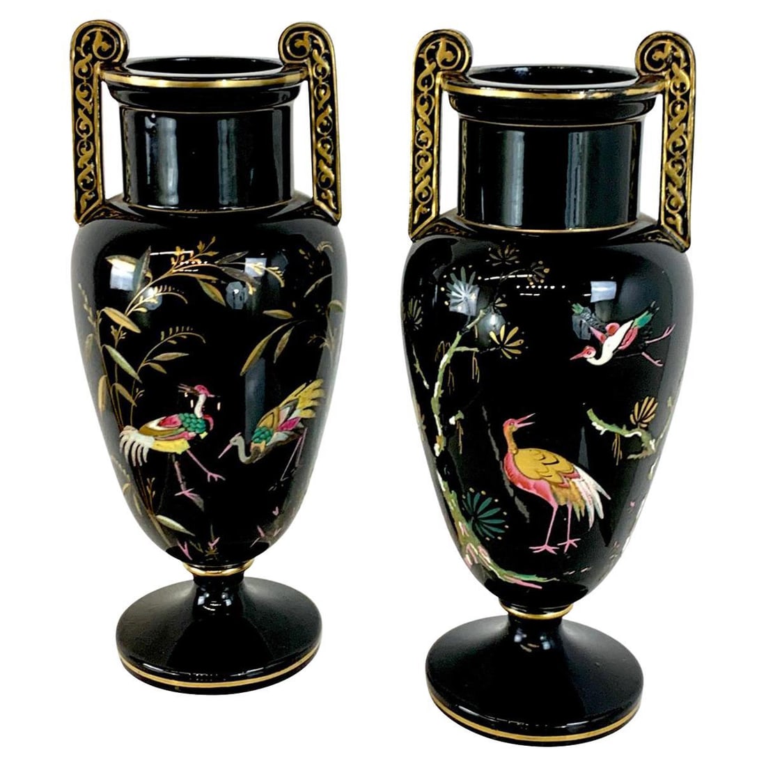 Set of 2 French Aesthetic Movement Black Gold Enameled Vases: Set of 2 French Aesthetic Movement Black Gold Enameled Vases Embrace the elegance of the late 19th century with this stunning pair of French Aesthetic Movement vases, featuring a captivating enameled 