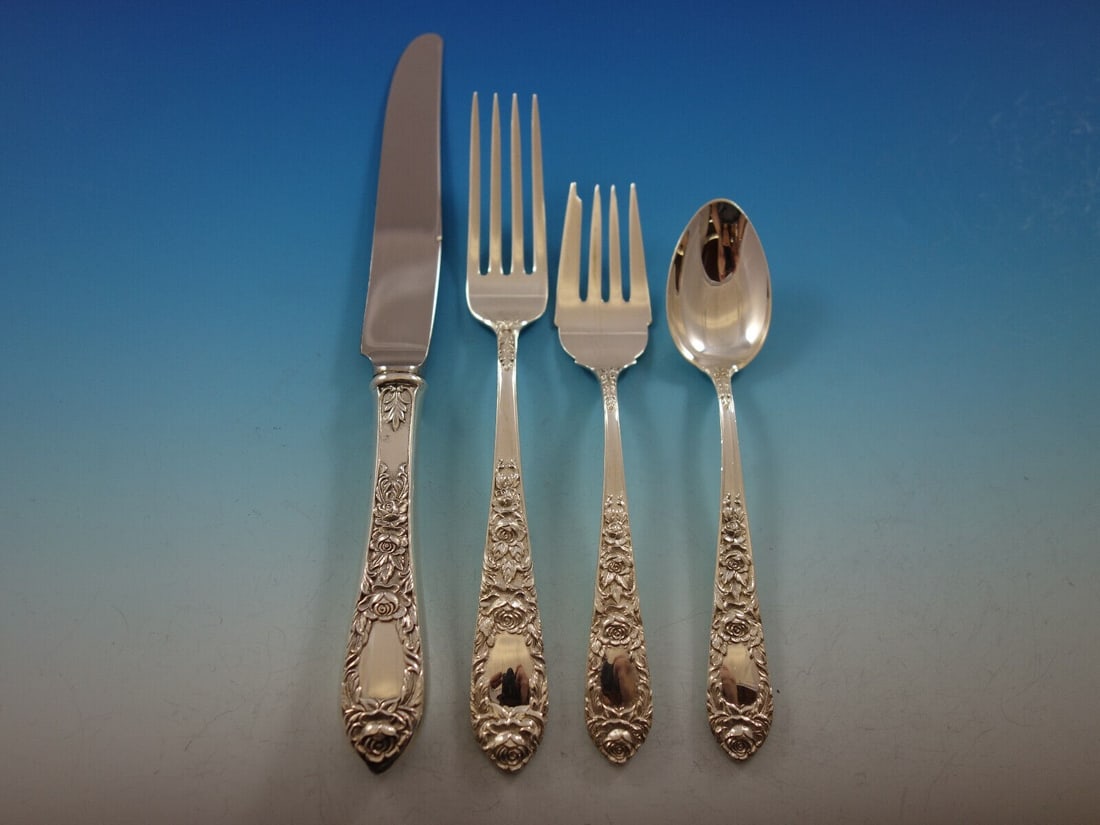 Kirk Rose Vintage Sterling Silver 4-Piece Place Setting: Kirk Rose Vintage Sterling Silver 4-Piece Place Setting Enhance your dining experience with this elegant 4-piece place setting by Kirk, featuring the beautiful Rose pattern. Crafted from high-quality 