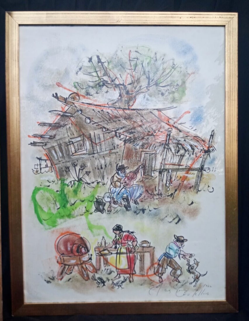 Framed Gaucho watercolor by Elena Castellanos Argentina 21 x 27.5: Framed Gaucho watercolor by Elena Castellanos Argentina 21 x 27.5 Vintage framed painting depicting a gaucho cowboy with guitar in a rural scene by Elena Castellanos. Created in Argentina during the 1