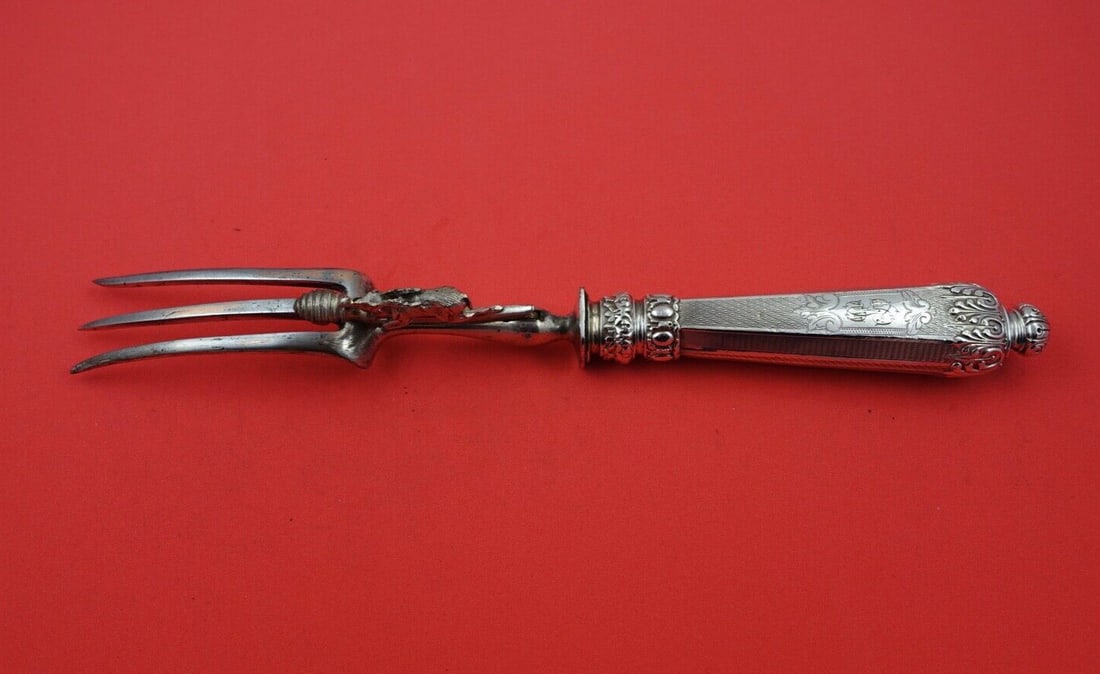 French Sterling Silver Carving Fork with 3D Stag 11 Inch: French Sterling Silver Carving Fork with 3D Stag 11 Inch This exquisite French Sterling silver roast carving fork is a remarkable piece from the 19th century, showcasing the craftsmanship from the per