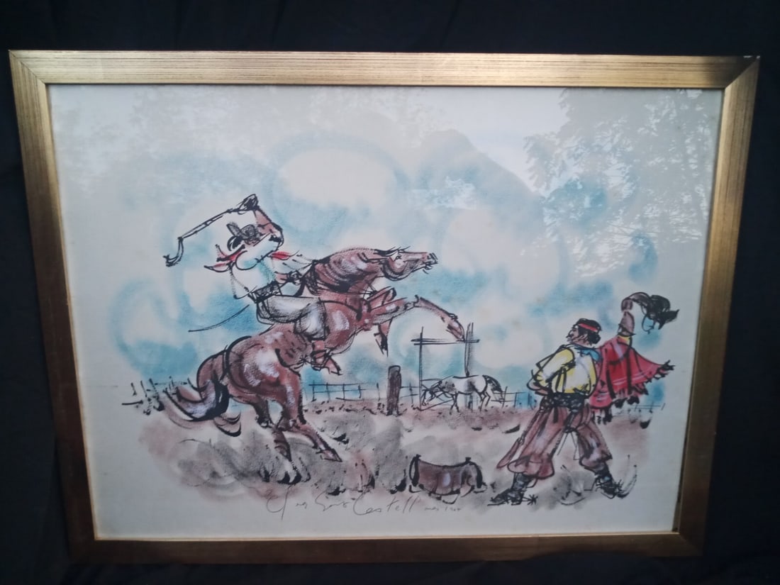 Framed Gaucho Horse Painting by Elena Castellanos Argentina 21 x 27.5: Framed Gaucho Horse Painting by Elena Castellanos Argentina 21 x 27.5 Vintage framed gaucho artwork by Elena Castellanos, created in Argentina and depicting a cowboy in a rural scene with horse. This 