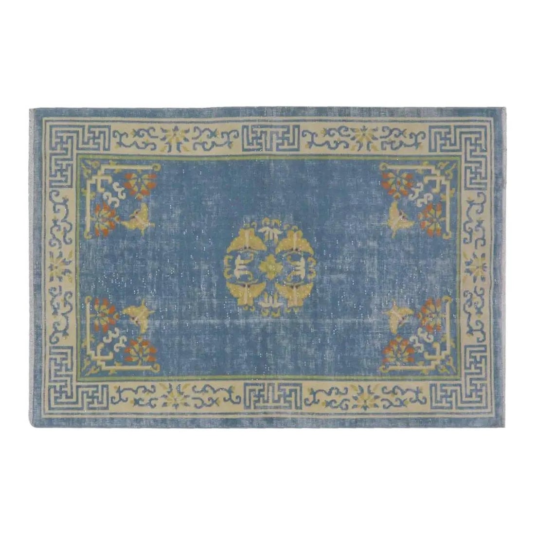 Hand-Knotted Wool Rug Cerulean Chinese Art Deco 3'10'' x 5'7'': Hand-Knotted Wool Rug Cerulean Chinese Art Deco 3'10'' x 5'7'' This vintage Chinese Art Deco rug is hand-knotted from wool using traditional techniques, combining classic craftsmanship with a modern d