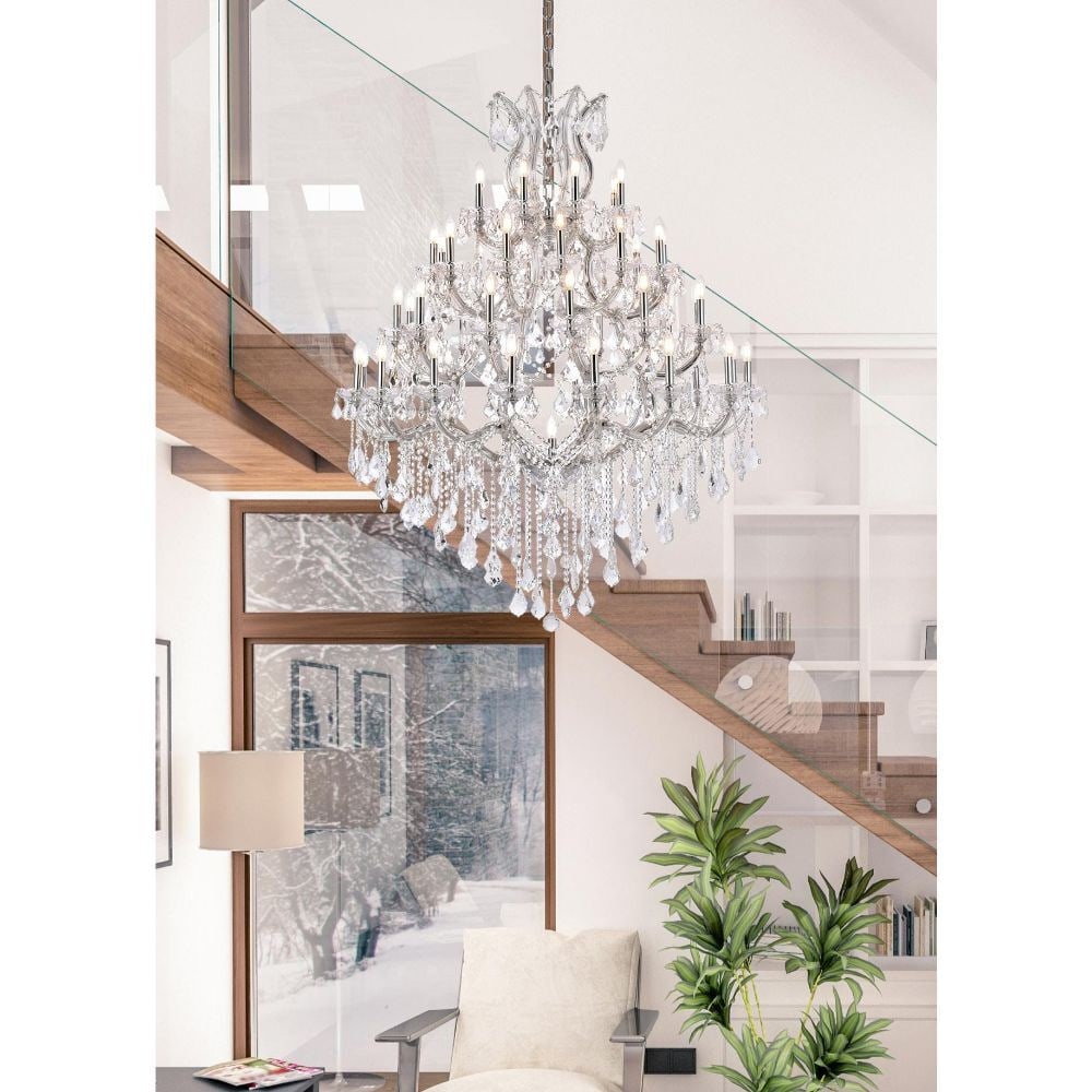 Maria Theresa Chrome Crystal Foyer Chandelier 49 Lights 46 x 62: Maria Theresa Chrome Crystal Foyer Chandelier 49 Lights 46 x 62 This large Maria Theresa chandelier features a chrome-plated frame adorned with Royal Cut crystal glass, offering an elegant and modern 
