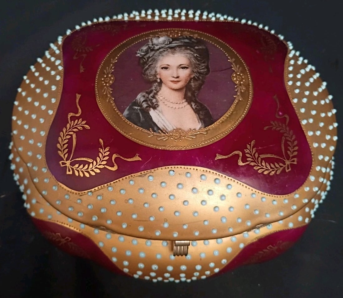 Antique French Porcelain Jewelry Casket Box 7.5in Burgundy Jeweled Hinged (1 of 8)