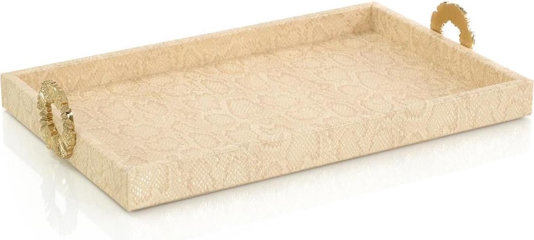 John-Richard Vegan Snakeskin Tray with Gold Accents 16 x 10: John-Richard Vegan Snakeskin Tray with Gold Accents 16 x 10 Elevate your decor with this stylish Vegan Snakeskin Tray featuring elegant golden accents. This small tray, perfect for organizing or displ