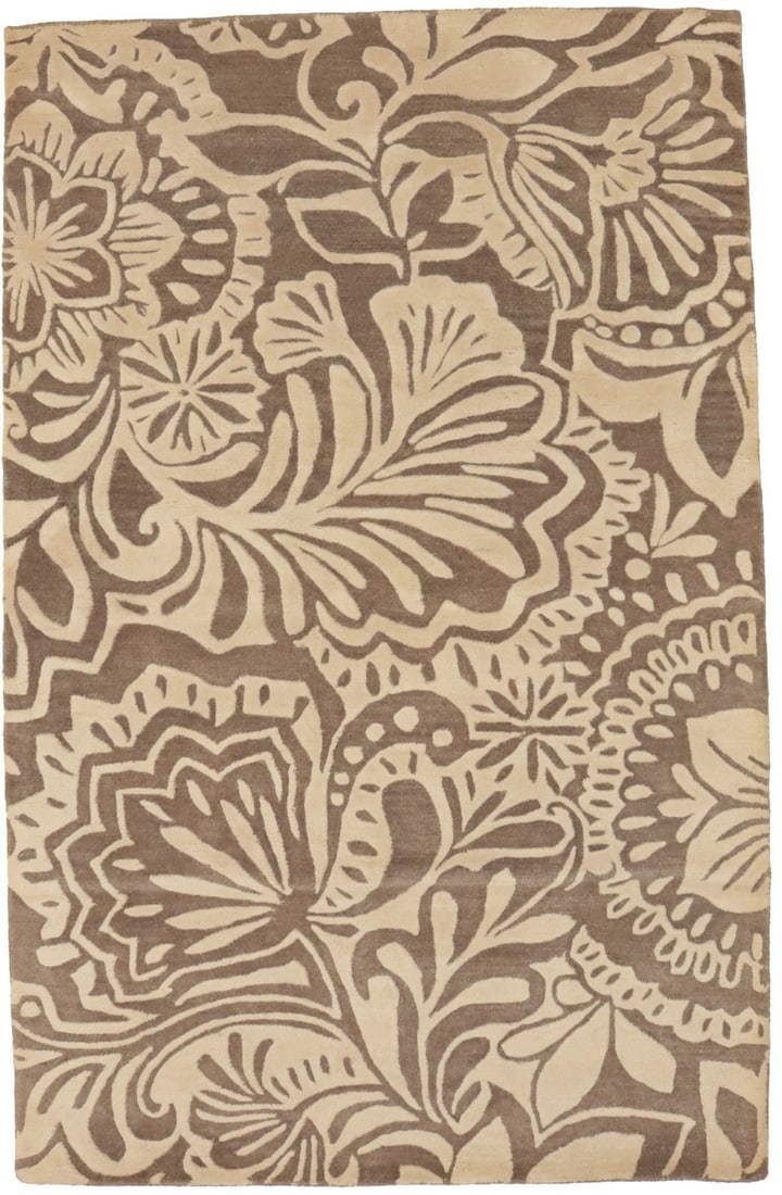 5x8 Modern Wool Area Rug with Hand-Tufted Pastel Floral Pattern: 5x8 Modern Wool Area Rug with Hand-Tufted Pastel Floral Pattern This hand-tufted area rug features a modern pastel floral design in brown and cream tones. Made from wool, it offers a high pile and nor