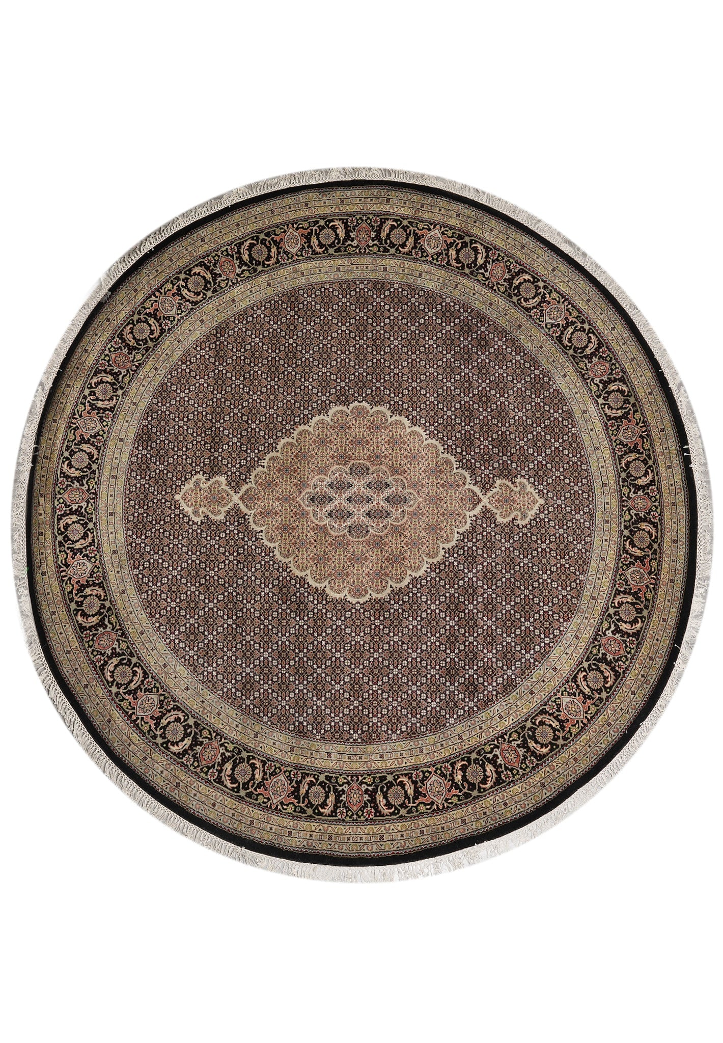8 x 8 Feet Round Mahi Tabriz Rug Hand Knotted Wool Silk: 8 x 8 Feet Round Mahi Tabriz Rug Hand Knotted Wool Silk Free continental US Shipping This 8 x 8 feet round Mahi Tabriz rug features a classic Persian design with a repeating Herati motif. It is hand-k