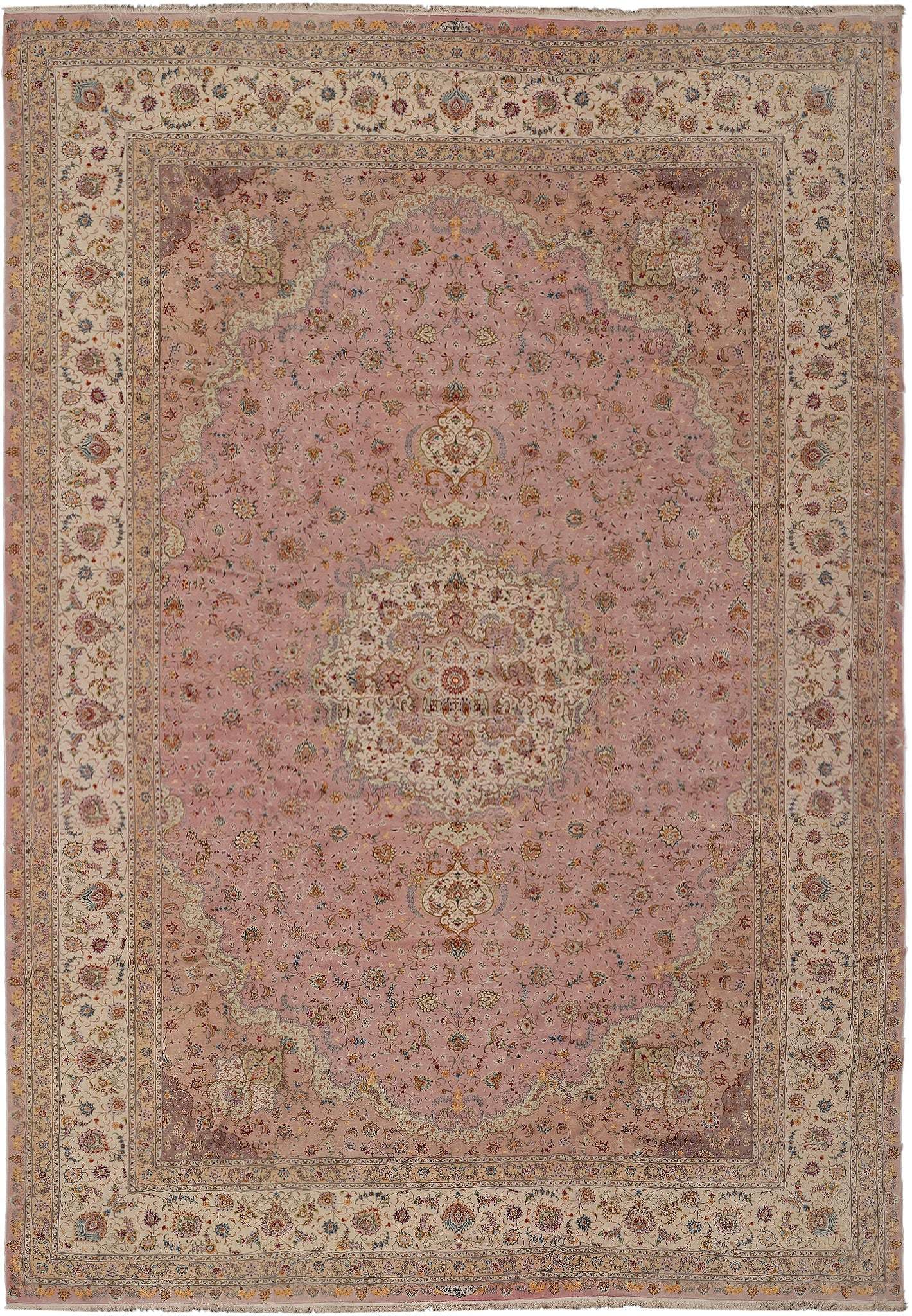 19.6 x 29.6 Persian Tabriz Rug 70 Raj Wool and Silk Signed: 19.6 x 29.6 Persian Tabriz Rug 70 Raj Wool and Silk Signed Free continental US Shipping Handmade Persian Tabriz rug in an oversize format, signed and described as one of a kind. It features a Chobi Pe