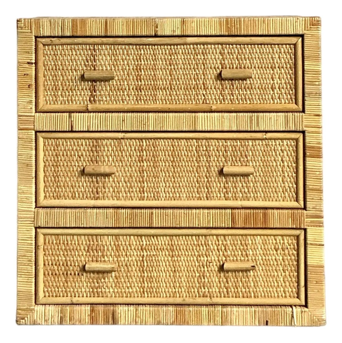 Three-Drawer Split Reed Rattan Dresser with Minimalist Handles: Three-Drawer Split Reed Rattan Dresser with Minimalist Handles This vintage chest of drawers features expertly wrapped rattan over a sturdy frame, creating a tactile and visually appealing surface wit