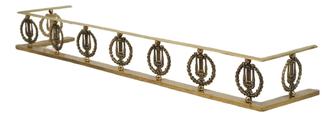 French Neoclassical Brass Fireplace Fender with Wreath and Lyre 48w x 10d x 6h (1 of 9)