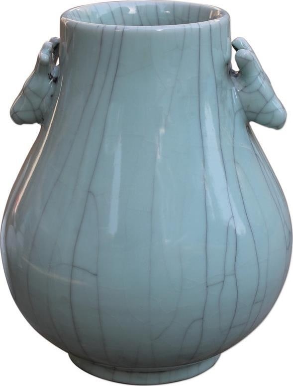 Handmade Celadon Ceramic Double Ear Vase 13.5H Asian Antique Style: Handmade Celadon Ceramic Double Ear Vase 13.5H Asian Antique Style This unique traditional celadon ceramic vase showcases exquisite craftsmanship and a striking double ear shape, making it a perfect a