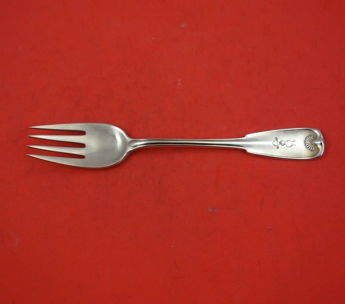 Tiffany Co Palm Sterling Silver Fish Fork 4-Tine with McKay Crest: Tiffany Co Palm Sterling Silver Fish Fork 4-Tine with McKay Crest This exquisite Palm fish fork by Tiffany & Co. features a classic 4-tine design crafted from sterling silver, measuring 6 3/4 inches i