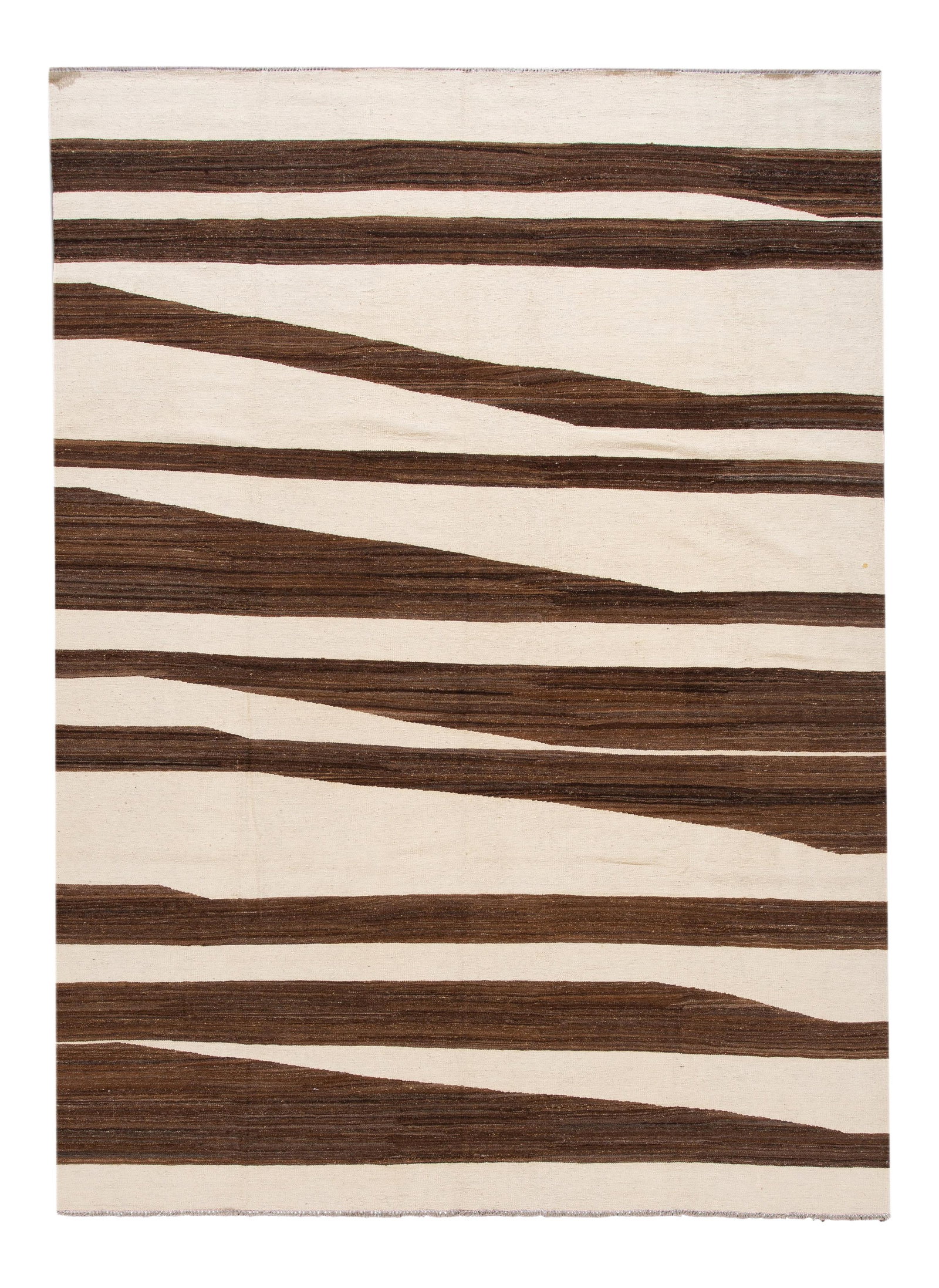 Contemporary 9x12 Hand-Knotted Wool Kilim Rug Ivory Brown Design: Contemporary 9x12 Hand-Knotted Wool Kilim Rug Ivory Brown Design Enhance your space with this stunning hand-knotted contemporary 9'x12' kilim wool rug. Featuring a soft ivory field adorned with rich b