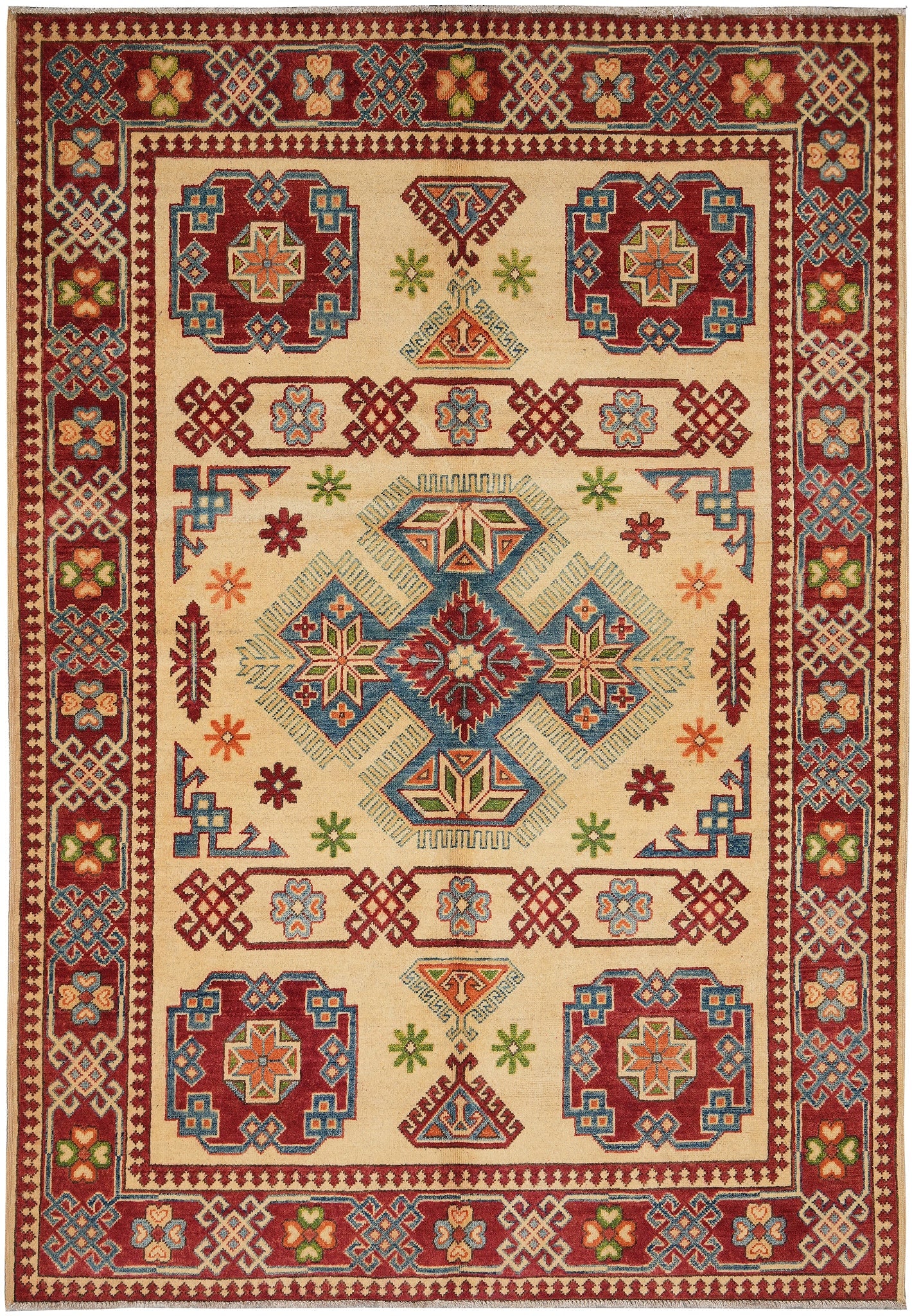5 x 7 Afghan Handmade Caucasian Wool Rug Geometric Design: 5 x 7 Afghan Handmade Caucasian Wool Rug Geometric Design Free continental US Shipping This 5 x 7 Afghan handmade Caucasian rug features a bold, hand-knotted design inspired by classic Kazak and Armen