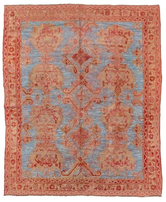 7' 6" x 9' 2" Turkish Oushak Room Rug Sky Blue: 7' 6" x 9' 2" Turkish Oushak Room Rug Sky Blue Early 20th century Turkish Oushak rug in a sky blue colorway. This pre-owned room-size rug is identified as a square-form Oushak. Specifications Type: Ou