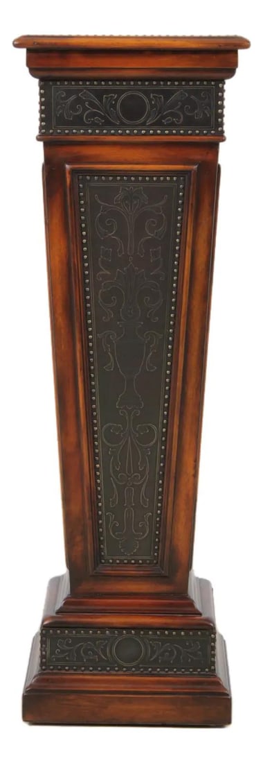 Theodore Alexander mahogany display pedestal with embossed metal cladding (1 of 10)